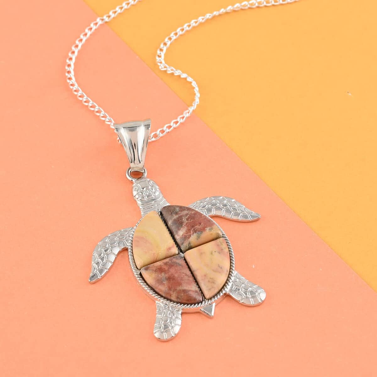 Picasso Jasper Turtle Pendant Necklace 18 Inches in Silvertone 10.35 ctw image number 1