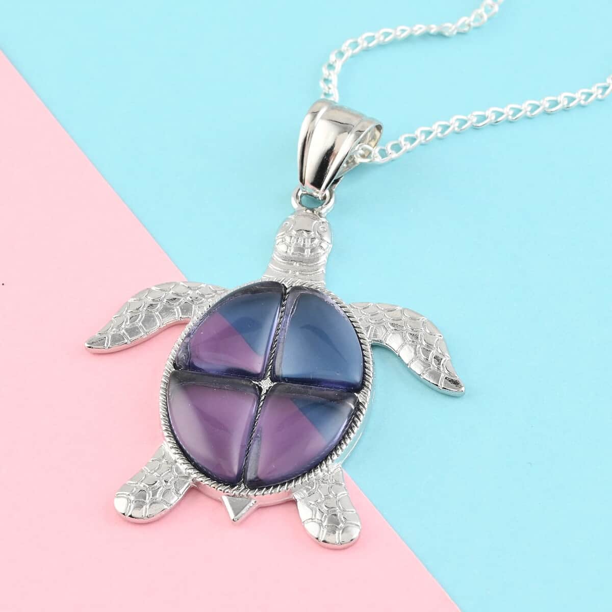 Purple Quartz Turtle Pendant Necklace 18 Inches in Silvertone 10.35 ctw image number 1