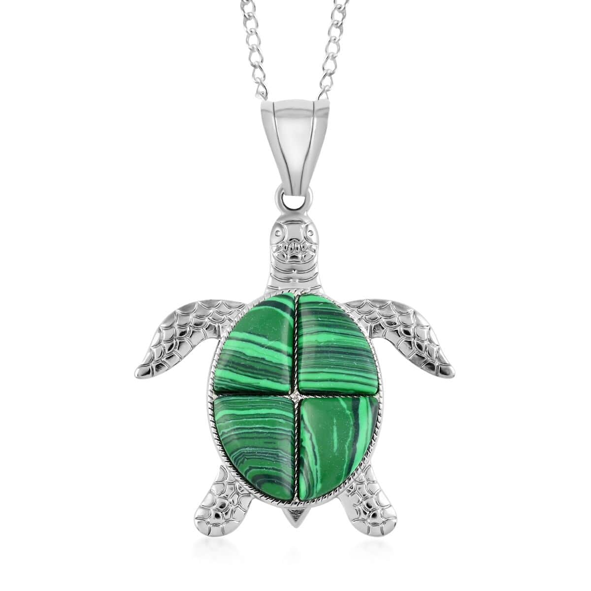 African Malachite Turtle Pendant Necklace 18 Inches in Silvertone 10.35 ctw image number 0