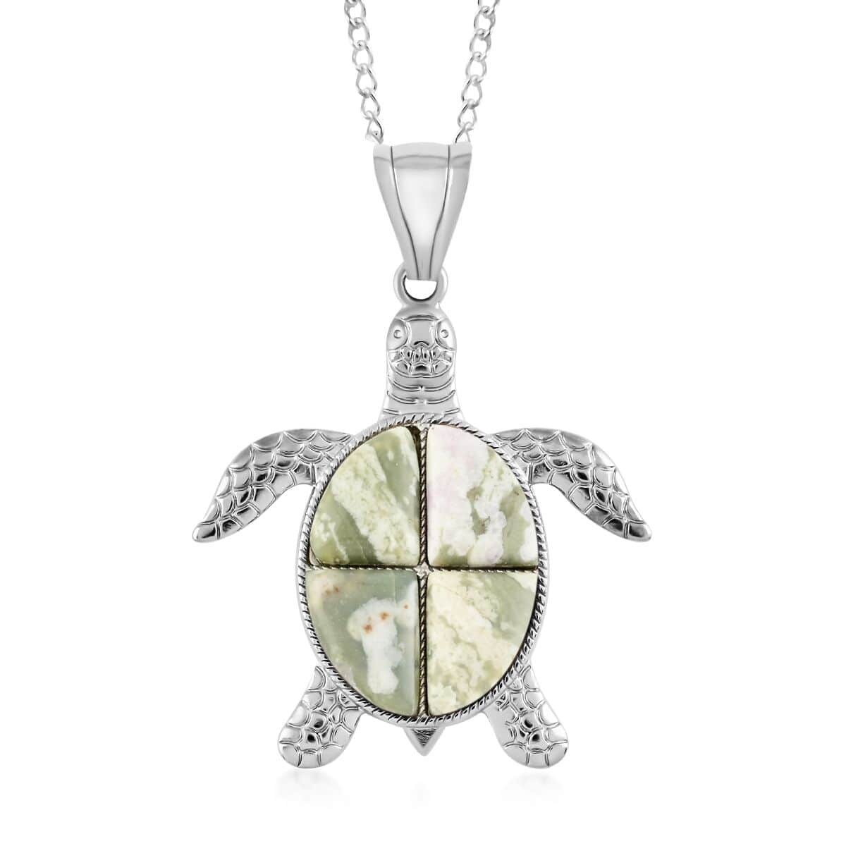 Peace Jasper Turtle Pendant Necklace 18 Inches in Silvertone 10.35 ctw image number 0