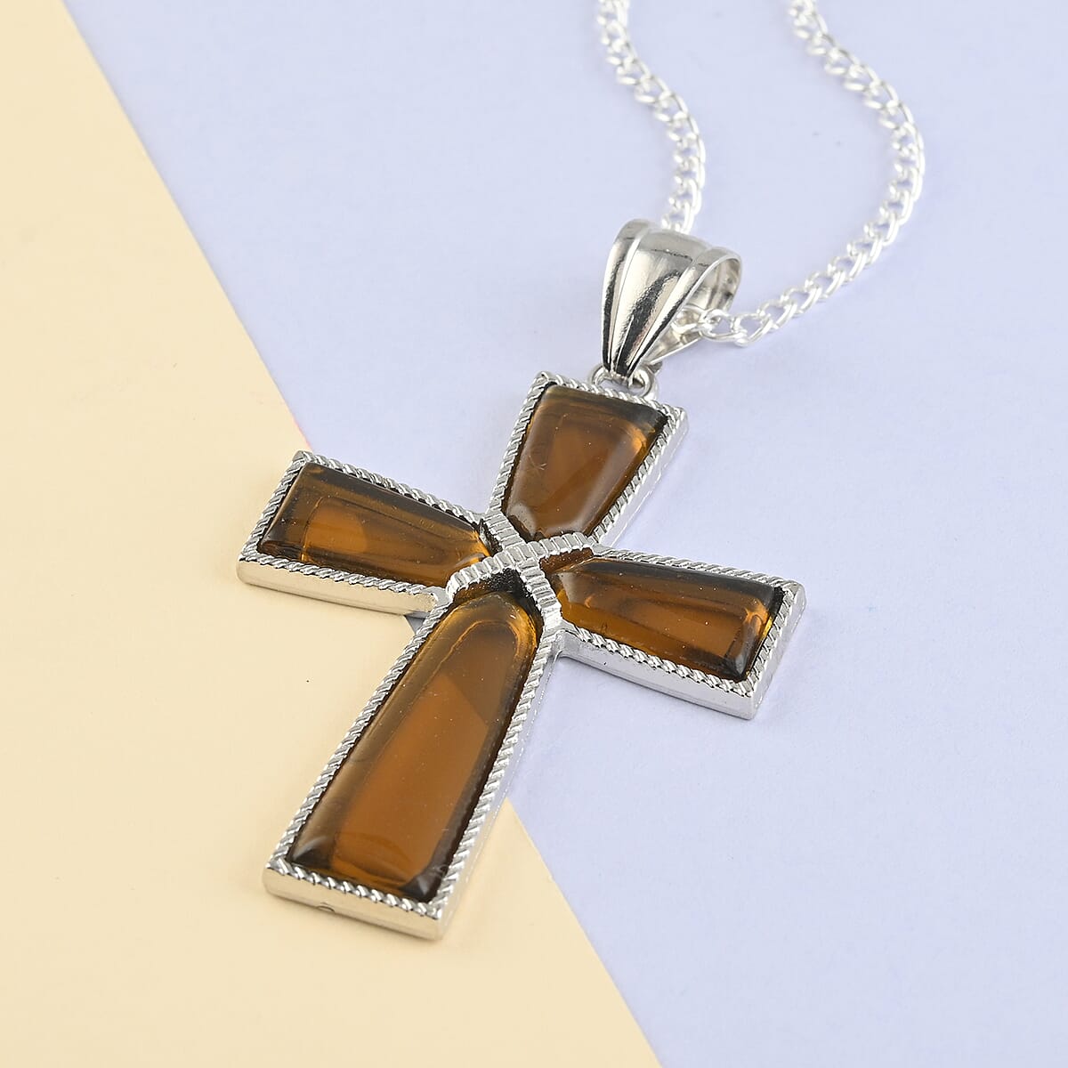 Brazilian Smoky Quartz Cross Pendant Necklace 18 Inches in Silvertone 12.25 ctw image number 1