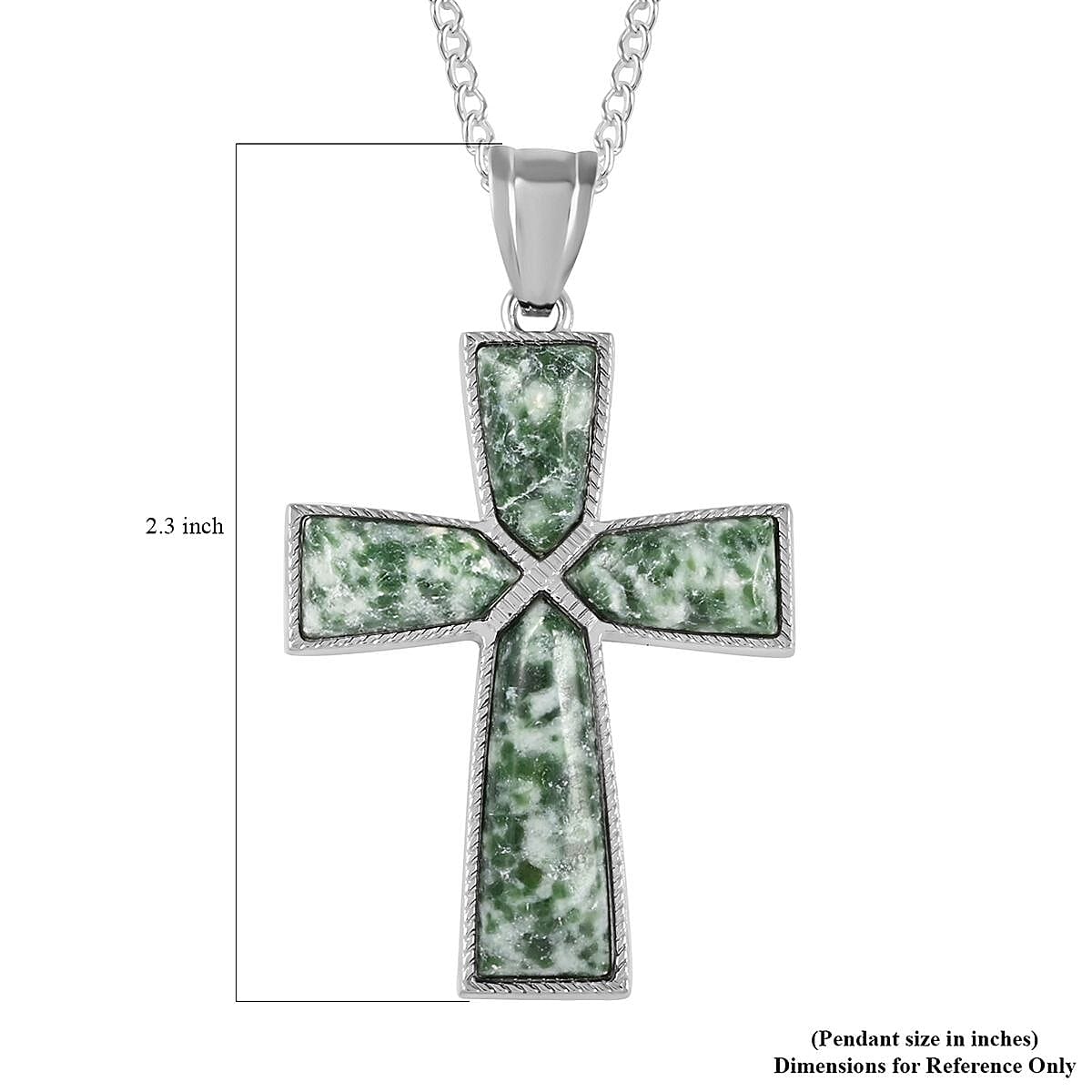 Green Agate Cross Pendant Necklace 18 Inches in Silvertone 12.25 ctw