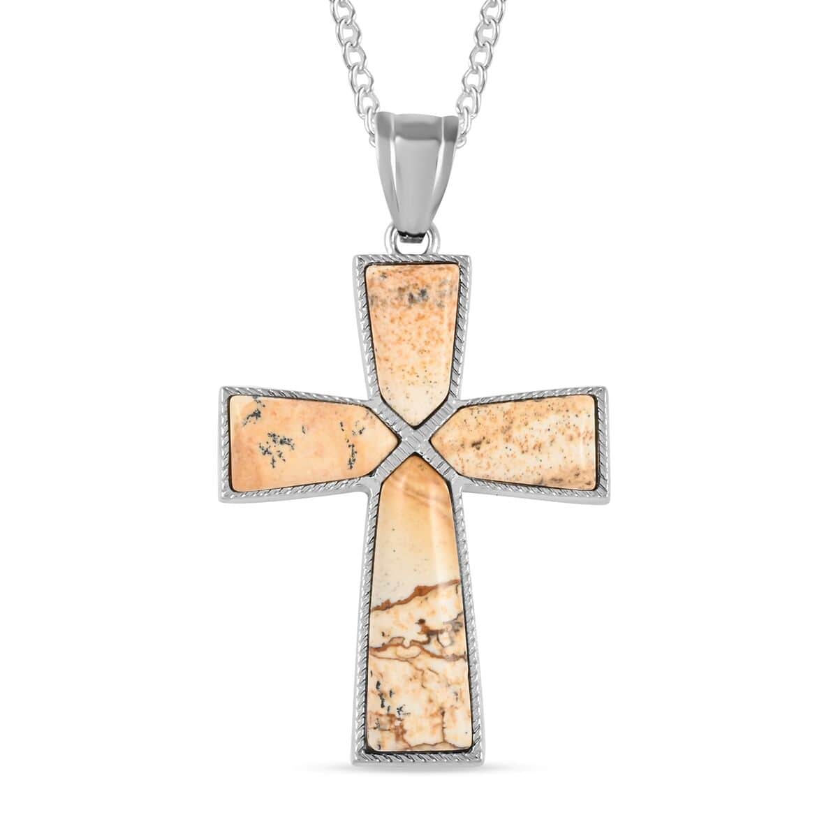 Picture Jasper Cross Pendant Necklace 18 Inches in Silvertone 12.25 ctw image number 0