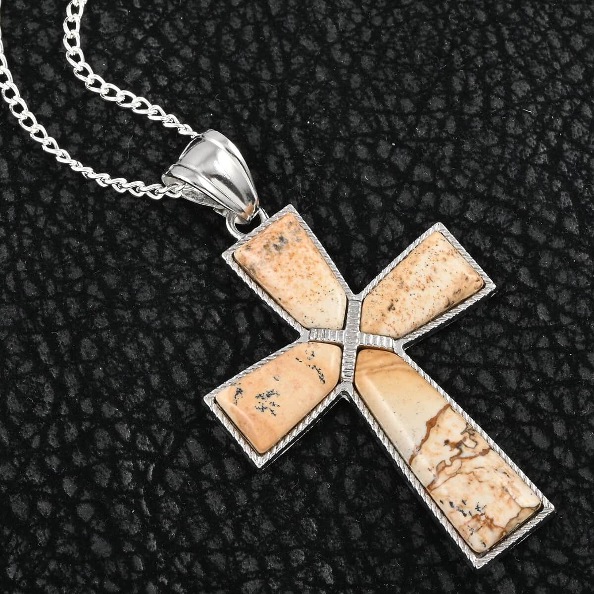 Picture Jasper Cross Pendant Necklace 18 Inches in Silvertone 12.25 ctw image number 1