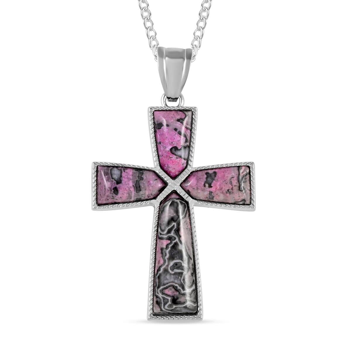 Purple Jasper Cross Pendant Necklace 18 Inches in Silvertone 12.25 ctw image number 0