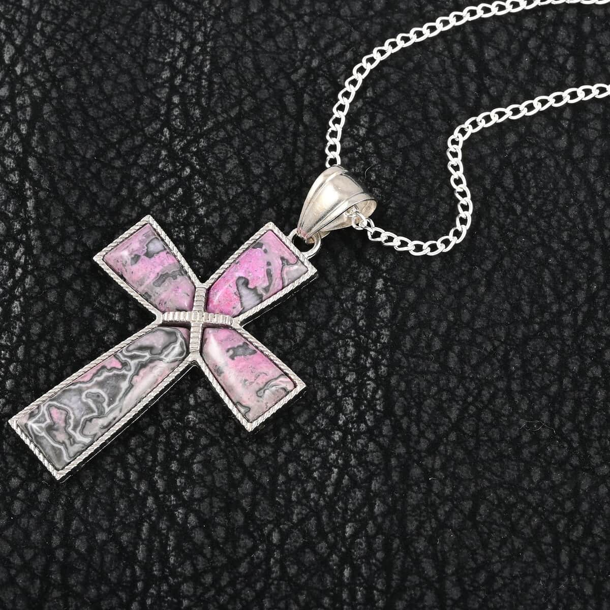 Purple Jasper Cross Pendant Necklace 18 Inches in Silvertone 12.25 ctw image number 1