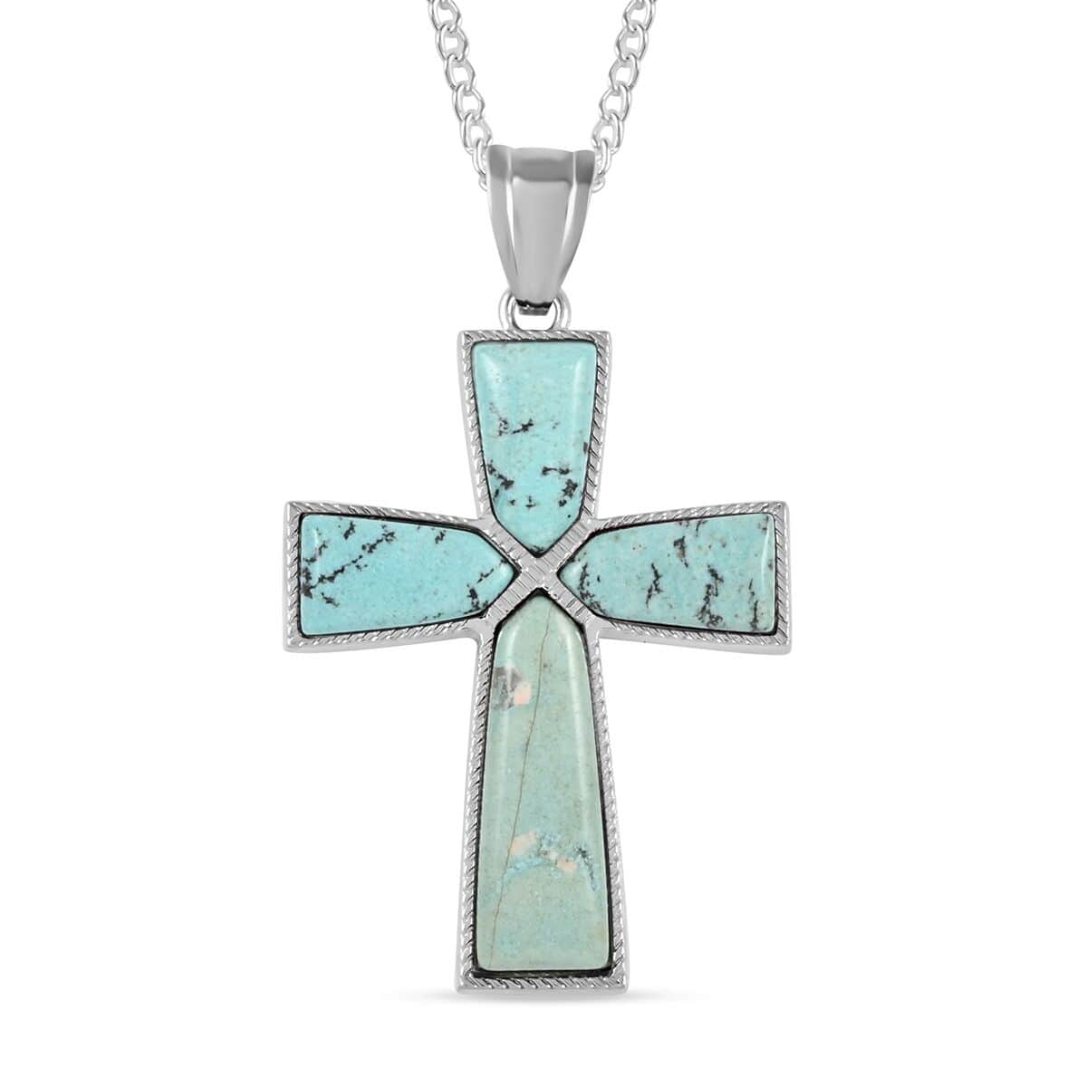 Turquoise Color Jasper Cross Pendant Necklace 18 Inches in Silvertone 12.25 ctw image number 0