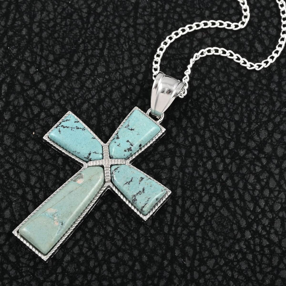 Turquoise Color Jasper Cross Pendant Necklace 18 Inches in Silvertone 12.25 ctw image number 1