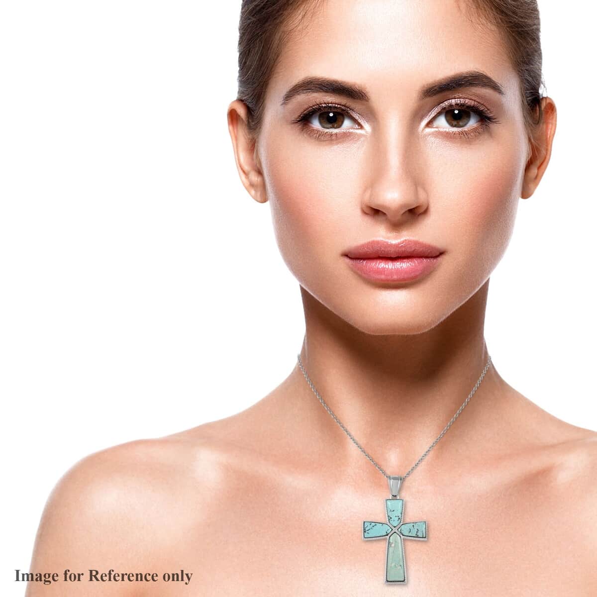 Turquoise Color Jasper Cross Pendant Necklace 18 Inches in Silvertone 12.25 ctw image number 2