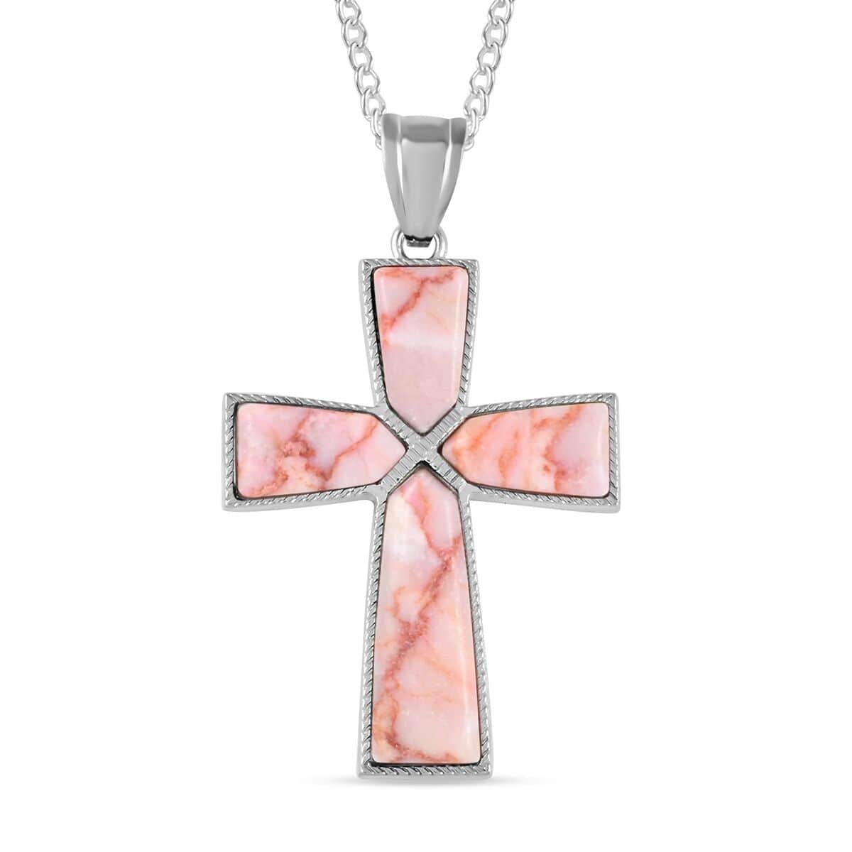 Pink Jasper Cross Pendant Necklace 18 Inches in Silvertone 12.25 ctw image number 0