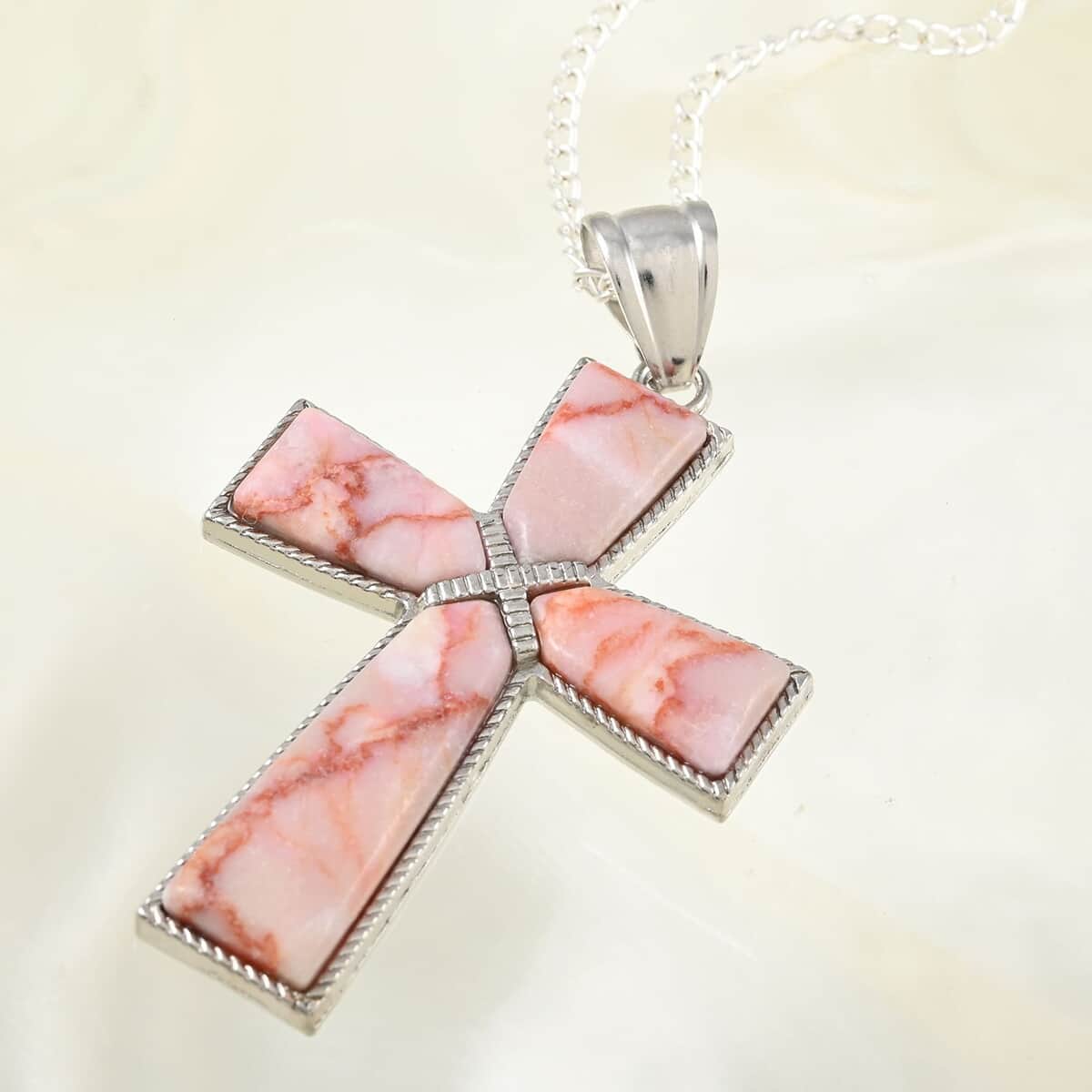 Pink Jasper Cross Pendant Necklace 18 Inches in Silvertone 12.25 ctw image number 1