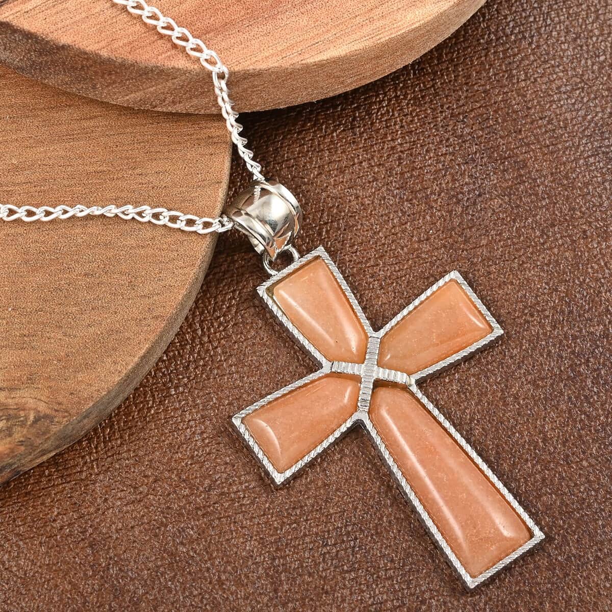 Red Aventurine Cross Pendant Necklace 18 Inches in Silvertone 12.25 ctw image number 1