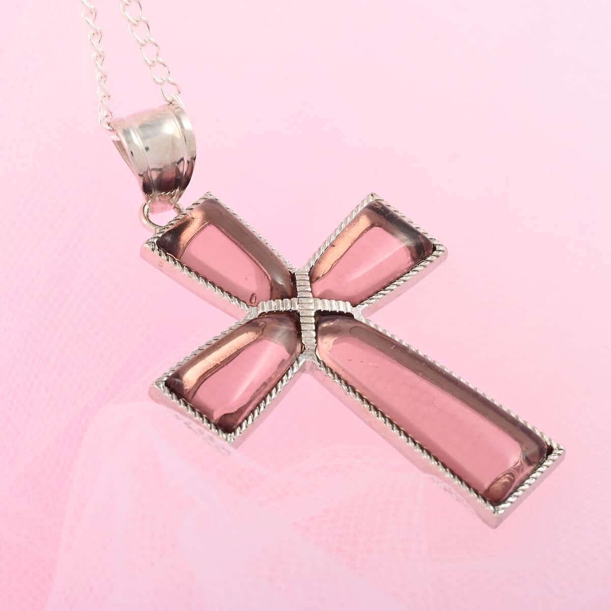 Amethyst Glass Cross Pendant Necklace 18 Inches in Silvertone  image number 1