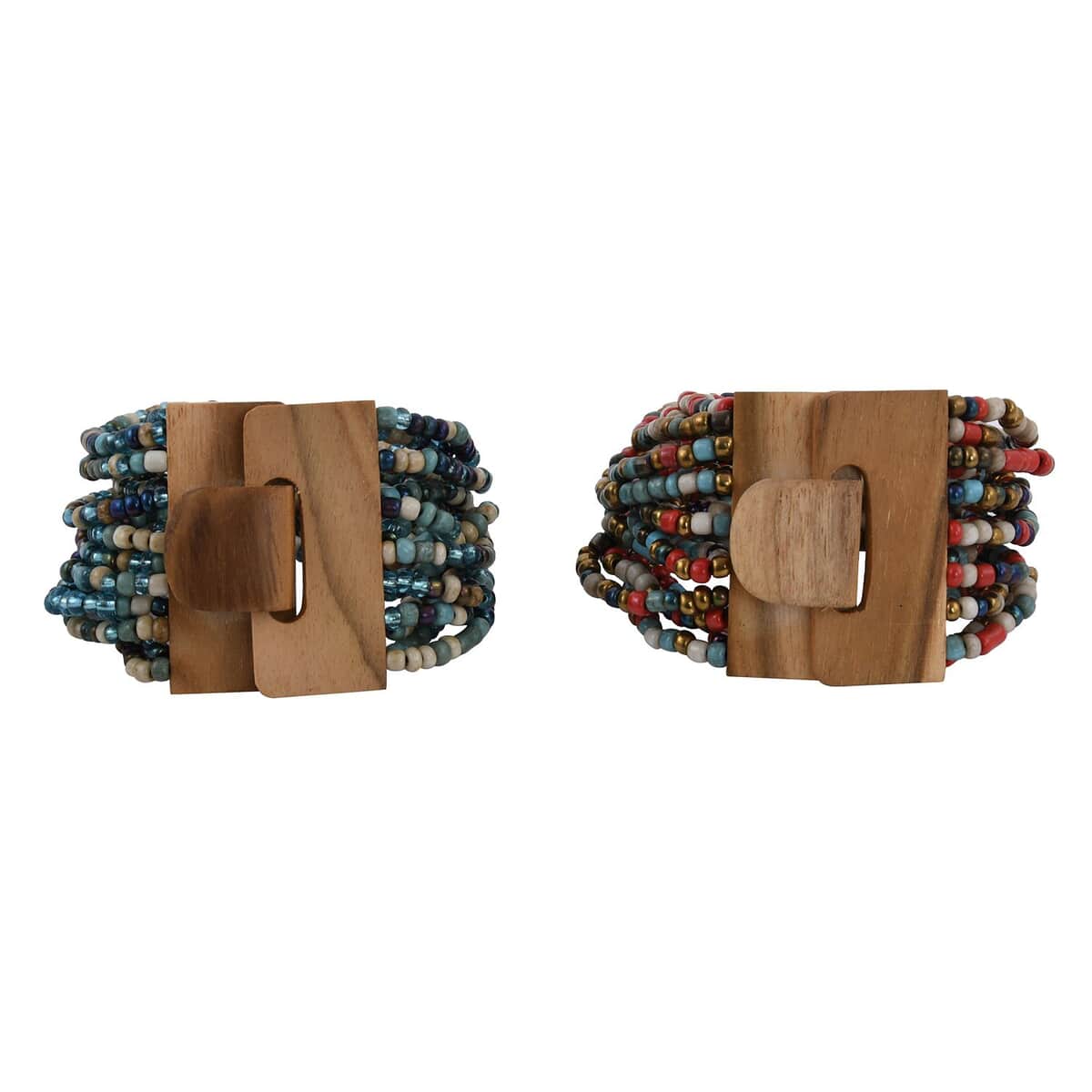 Set of 2 Multi Color Seed 10.00 ctw Beaded Stretch Bracelet with Wooden Lock image number 0