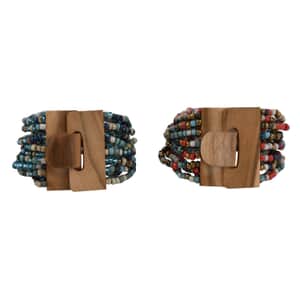 Set of 2 Multi Color Seed Beaded Stretch Bracelet with Wooden Lock 10.00 ctw