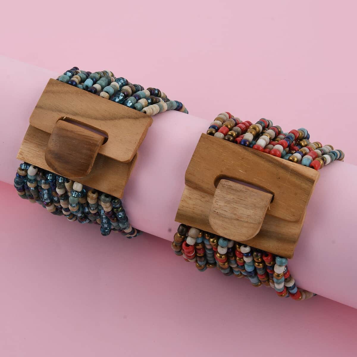 Set of 2 Multi Color Seed Beaded Stretch Bracelet with Wooden Lock image number 1