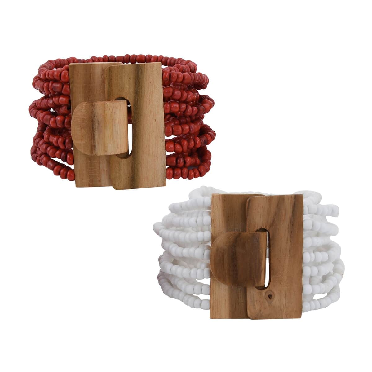 Set of 2 Red and White Seed Beaded Multi Layered Bracelet with Wooden Lock 6.00 ctw image number 0