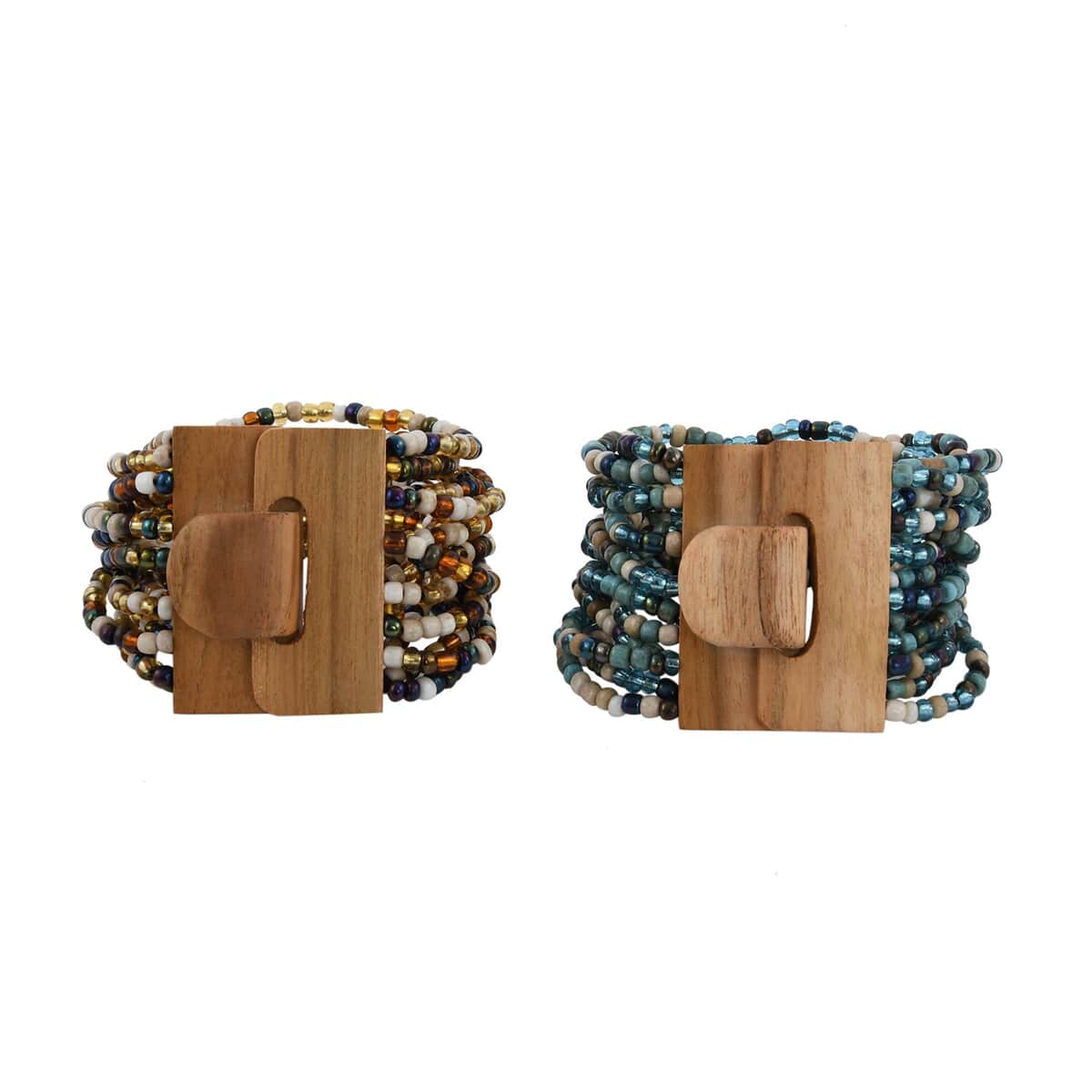 Set of 2 Multi Color Seed 10.00 ctw Beaded Stretch Bracelet with Wooden Lock image number 0