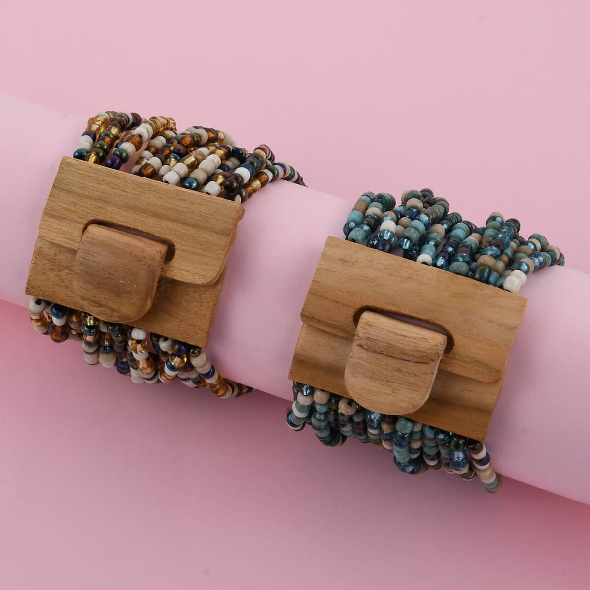 Set of 2 Multi Color Seed Beaded Stretch Bracelet with Wooden Lock 10.00 ctw image number 1