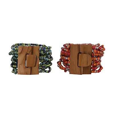 Set of 2 Multi Color Seed 10.00 ctw Beaded Multi Layered Bracelet with Wooden Lock