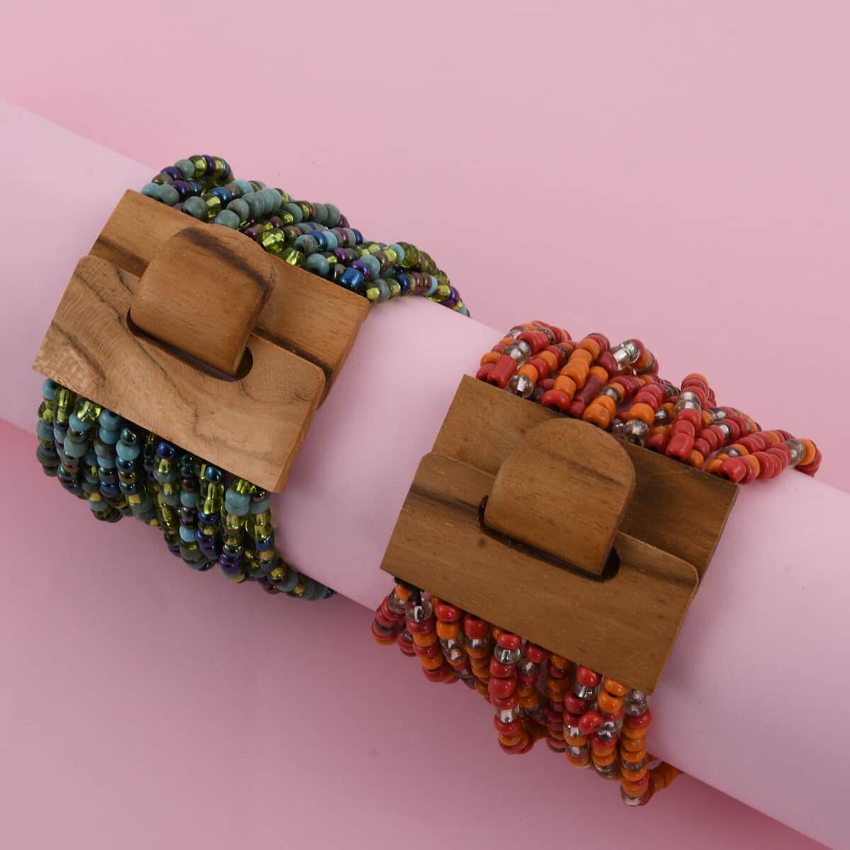 Set of 2 Multi Color Seed 10.00 ctw Beaded Multi Layered Bracelet with Wooden Lock image number 1