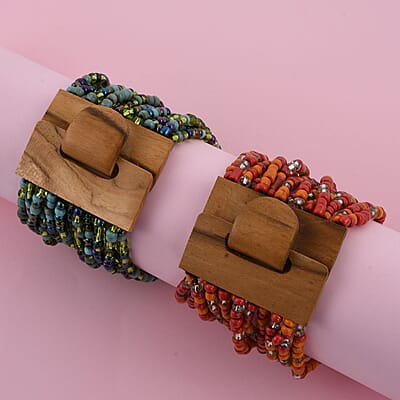Set of 2 Multi Color Seed 10.00 ctw Beaded Multi Layered Bracelet with Wooden Lock