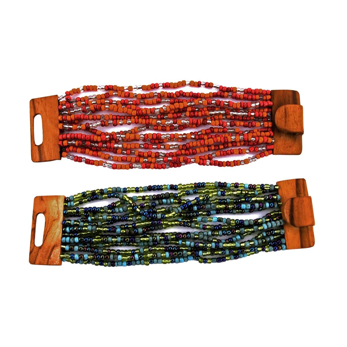 Set of 2 Multi Color Seed 10.00 ctw Beaded Multi Layered Bracelet with Wooden Lock image number 4