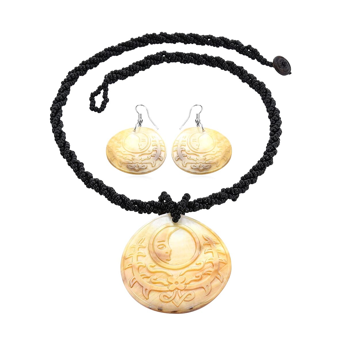 Carved Gray Shell and Seed Beaded Necklace 20 Inches and Dangle Earrings in Stainless Steel image number 0
