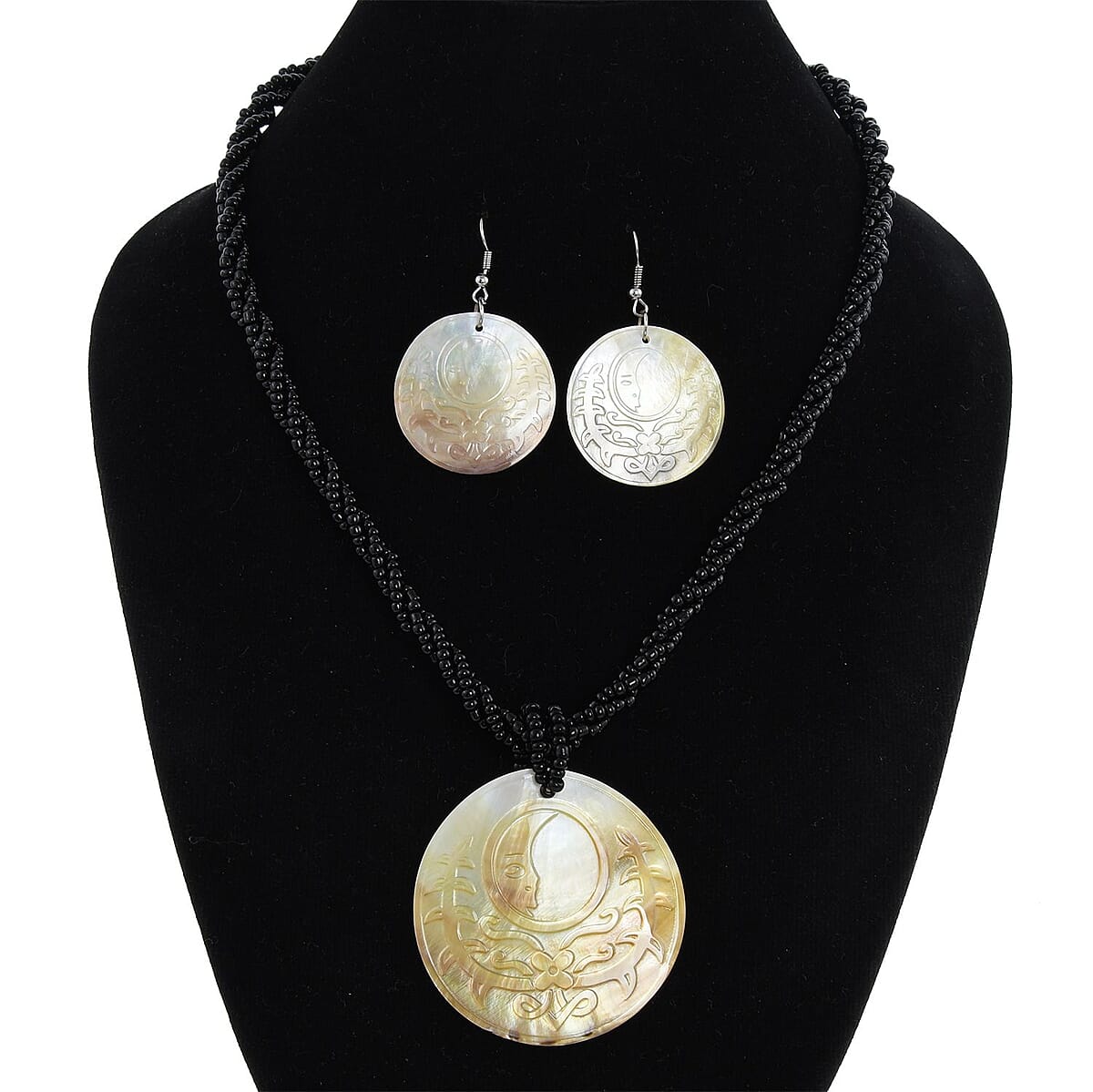 Carved Gray Shell and Seed Beaded Necklace 20 Inches and Dangle Earrings in Stainless Steel image number 2