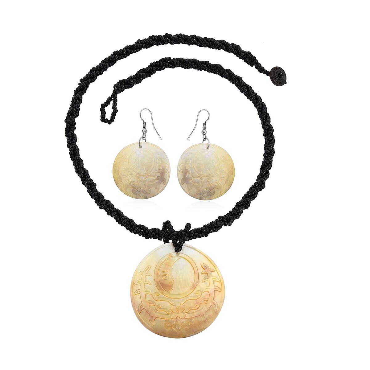 Carved Gray Shell and Seed Beaded Necklace 20 Inches and Dangle Earrings in Stainless Steel image number 3