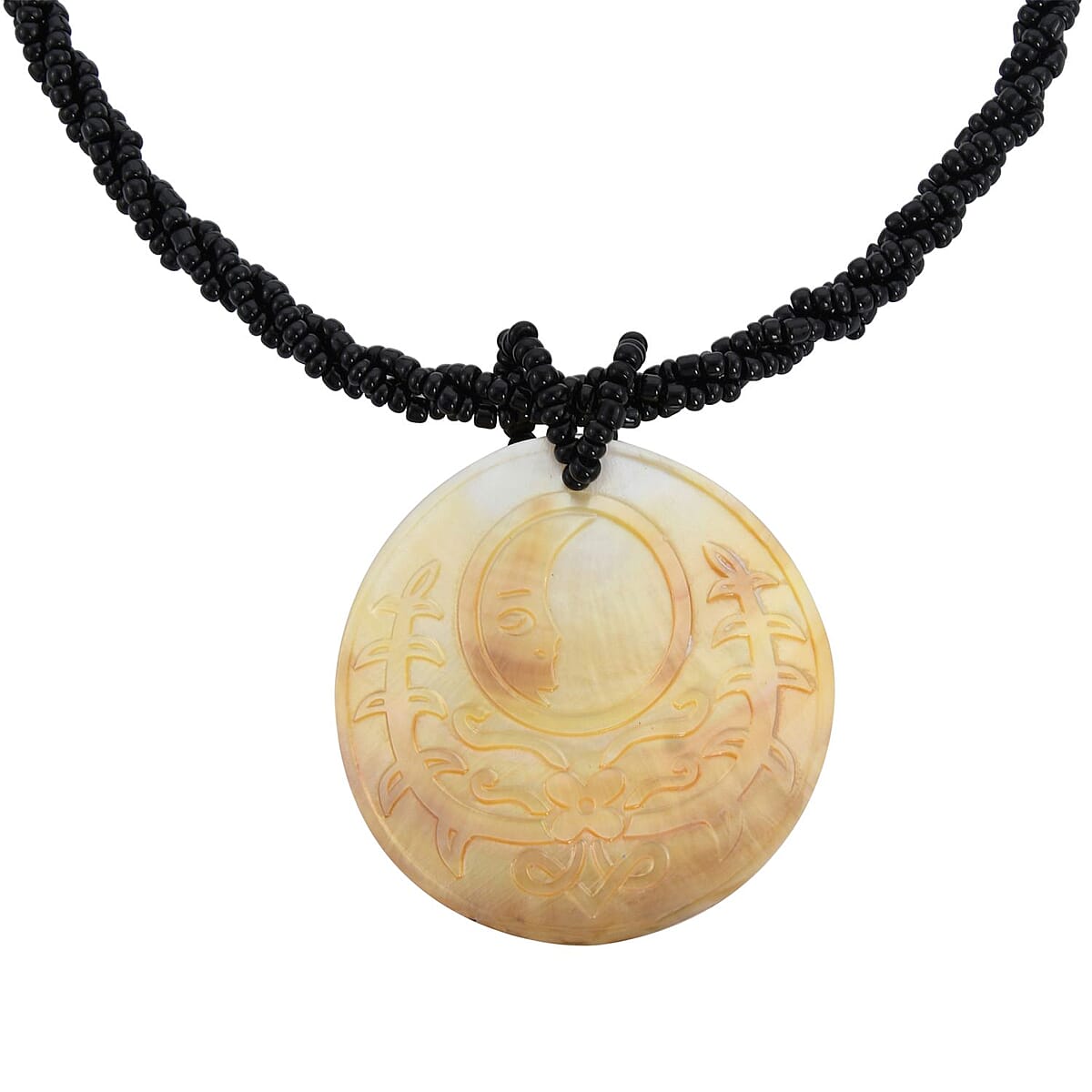 Carved Gray Shell and Seed Beaded Necklace 20 Inches and Dangle Earrings in Stainless Steel image number 4