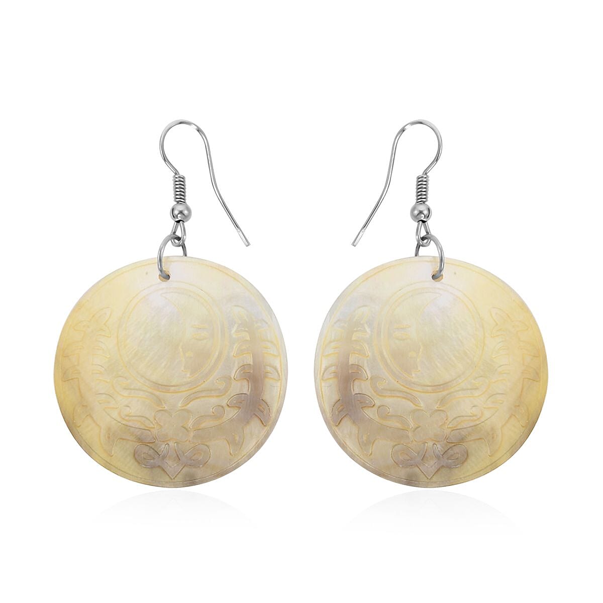 Carved Gray Shell and Seed Beaded Necklace 20 Inches and Dangle Earrings in Stainless Steel image number 5