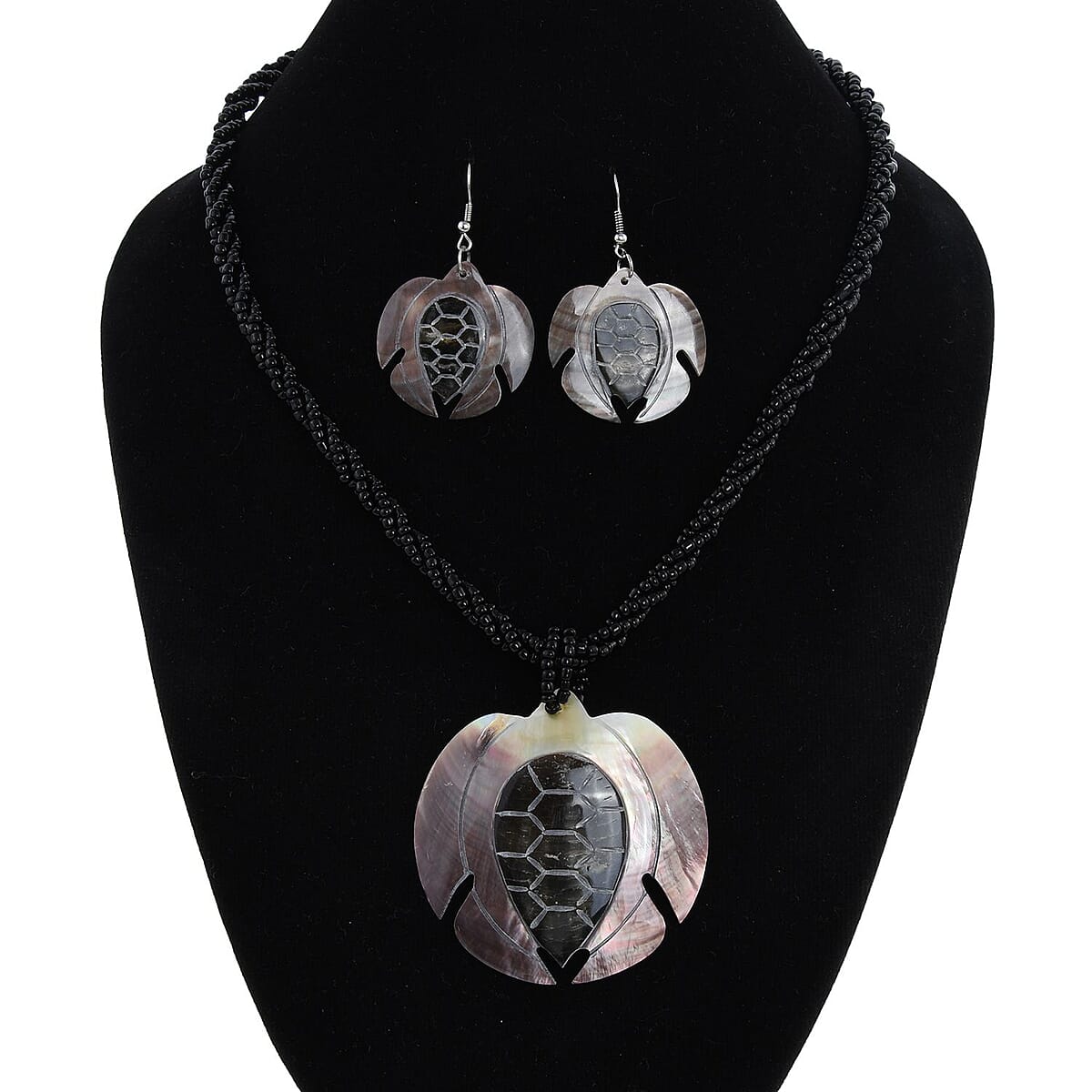 Carved Brown Shell, Seed Beaded Necklace (20 Inches) and Dangle Earrings in Stainless Steel , Tarnish-Free, Waterproof, Sweat Proof Jewelry image number 2