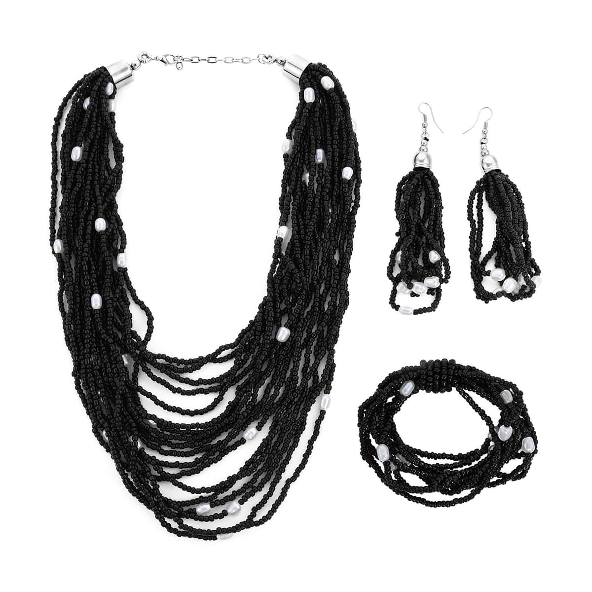 Black Seed Beaded, Simulated Pearl Multi Layered Necklace 20 Inches and Dangle Earrings and Stretch Bracelet in Stainless Steel image number 0