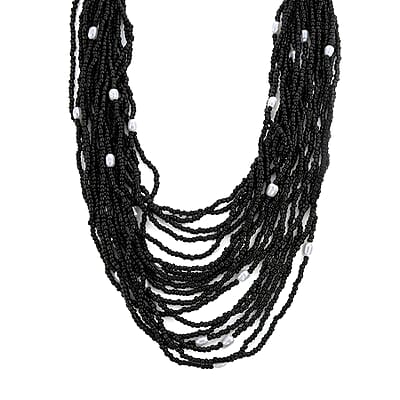 Black Seed Beaded, Simulated Pearl Multi Layered Necklace (20 Inches) and Dangle Earrings and Stretch Bracelet in Stainless Steel , Tarnish-Free, Waterproof, Sweat Proof Jewelry