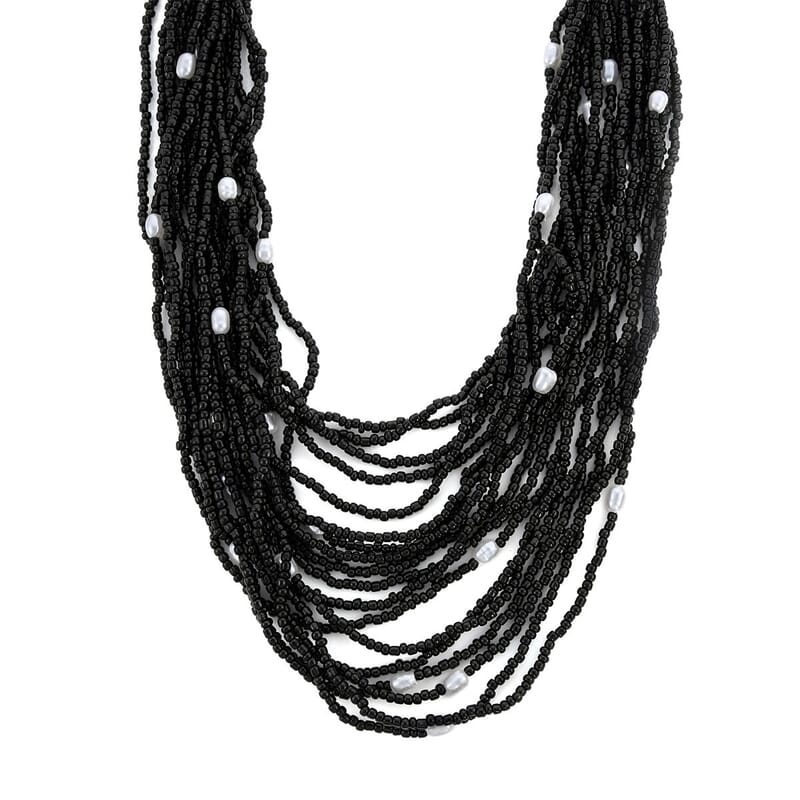 Black Seed Beaded, Simulated Pearl Multi Layered Necklace (20 Inches) and Dangle Earrings and Stretch Bracelet in Stainless Steel , Tarnish-Free, Waterproof, Sweat Proof Jewelry