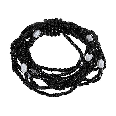 Black Seed Beaded, Simulated Pearl Multi Layered Necklace (20 Inches) and Dangle Earrings and Stretch Bracelet in Stainless Steel , Tarnish-Free, Waterproof, Sweat Proof Jewelry