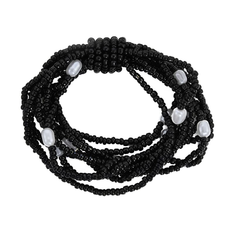 Black Seed Beaded, Simulated Pearl Multi Layered Necklace (20 Inches) and Dangle Earrings and Stretch Bracelet in Stainless Steel , Tarnish-Free, Waterproof, Sweat Proof Jewelry