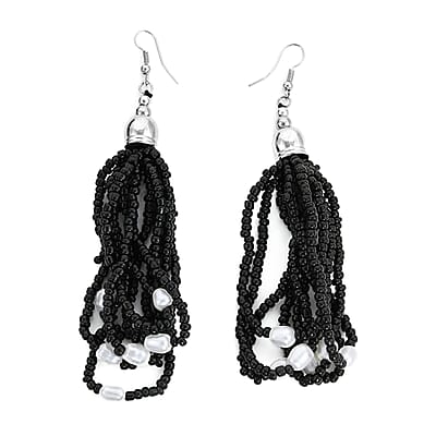 Black Seed Beaded, Simulated Pearl Multi Layered Necklace (20 Inches) and Dangle Earrings and Stretch Bracelet in Stainless Steel , Tarnish-Free, Waterproof, Sweat Proof Jewelry