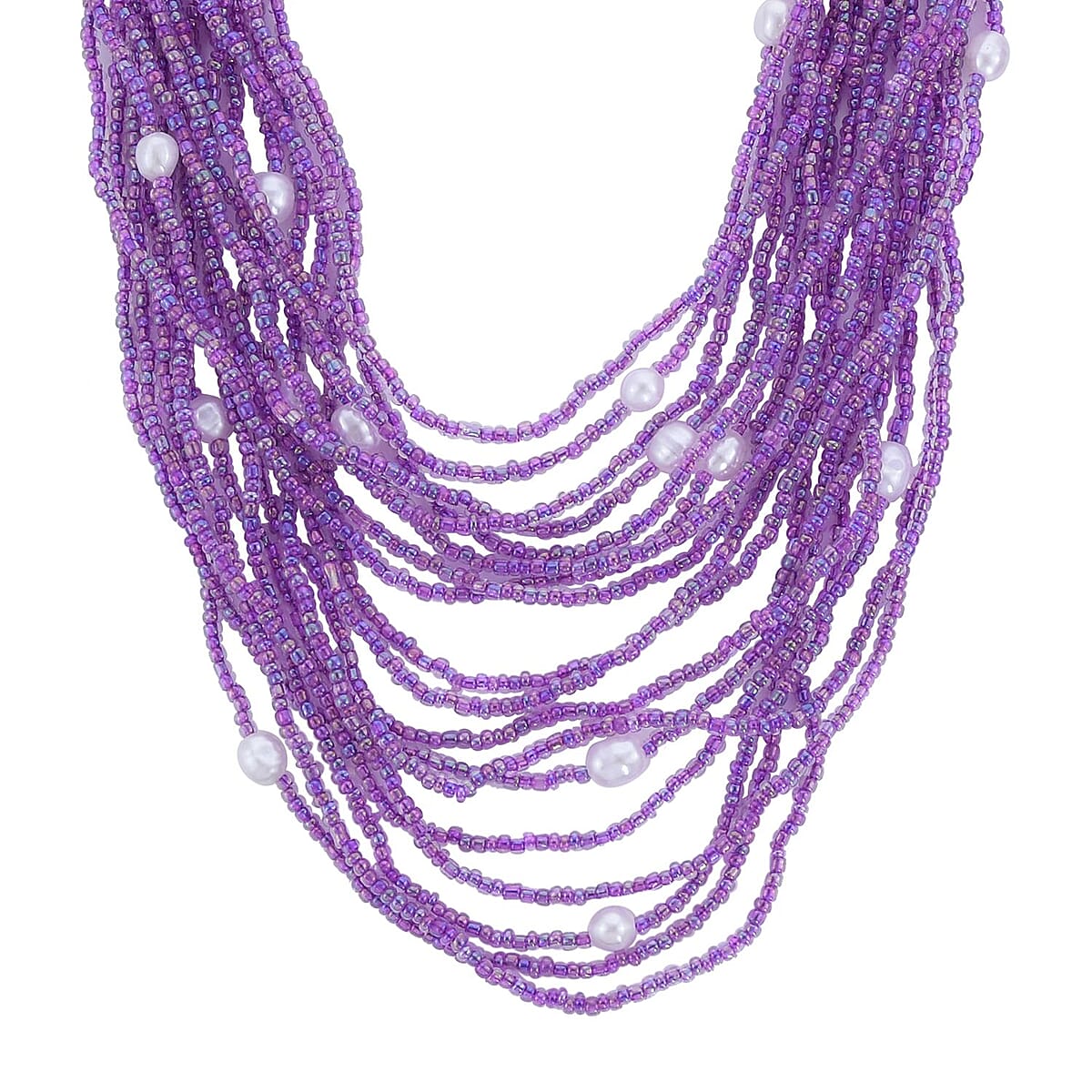 Purple Seed Beaded, Simulated Pearl Multi Layered Necklace (20 Inches) and Dangle Earrings and Stretch Bracelet in Stainless Steel , Tarnish-Free, Waterproof, Sweat Proof Jewelry image number 2