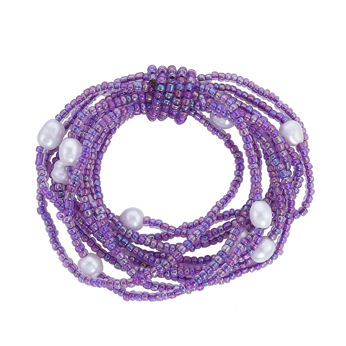 Purple Seed Beaded, Simulated Pearl Multi Layered Necklace (20 Inches) and Dangle Earrings and Stretch Bracelet in Stainless Steel , Tarnish-Free, Waterproof, Sweat Proof Jewelry image number 4