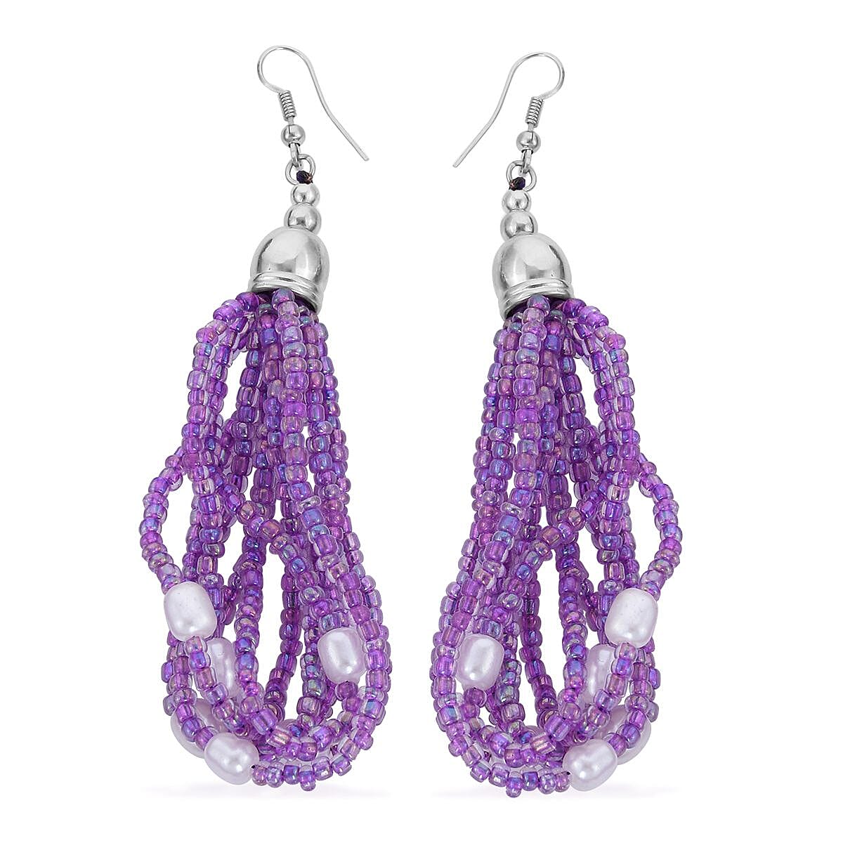 Purple Seed Beaded, Simulated Pearl Multi Layered Necklace (20 Inches) and Dangle Earrings and Stretch Bracelet in Stainless Steel , Tarnish-Free, Waterproof, Sweat Proof Jewelry image number 5