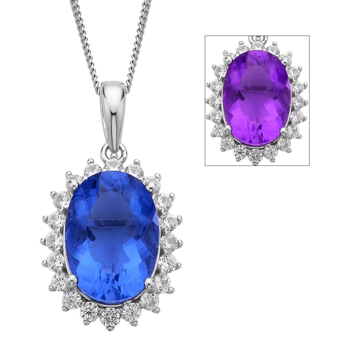 Color Change Fluorite and White Zircon Halo Pendant Necklace 18 Inches in Rhodium Over Sterling Silver 7.90 ctw image number 0