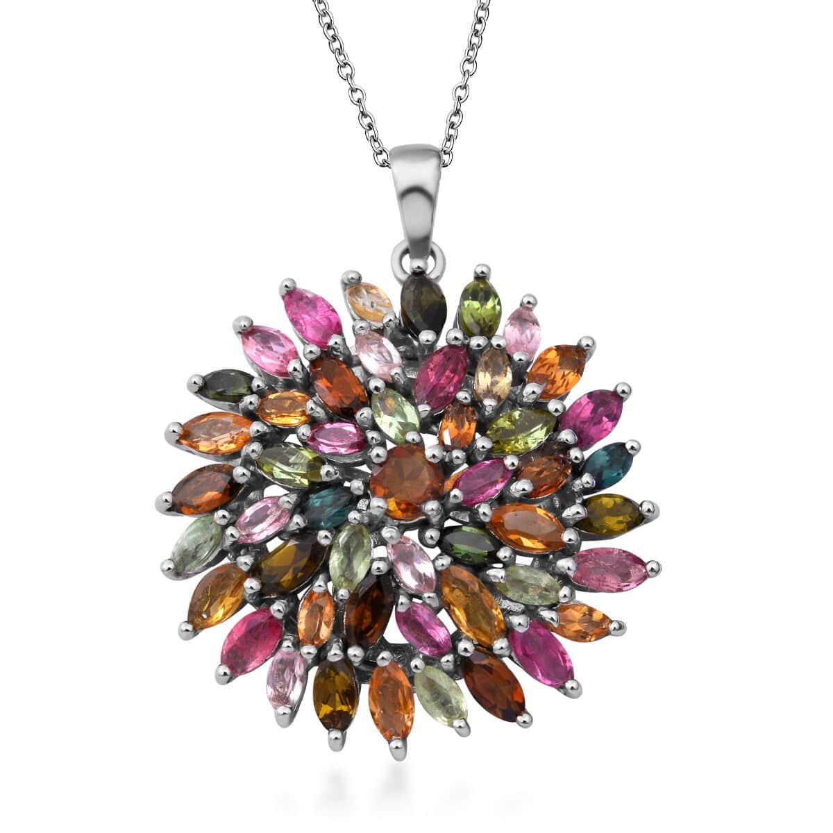 Multi-Tourmaline Floral Spray Pendant Necklace 18 Inches in Platinum Over Sterling Silver 5.50 ctw image number 0