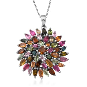 Multi-Tourmaline Floral Spray Pendant Necklace 18 Inches in Platinum Over Sterling Silver 5.50 ctw