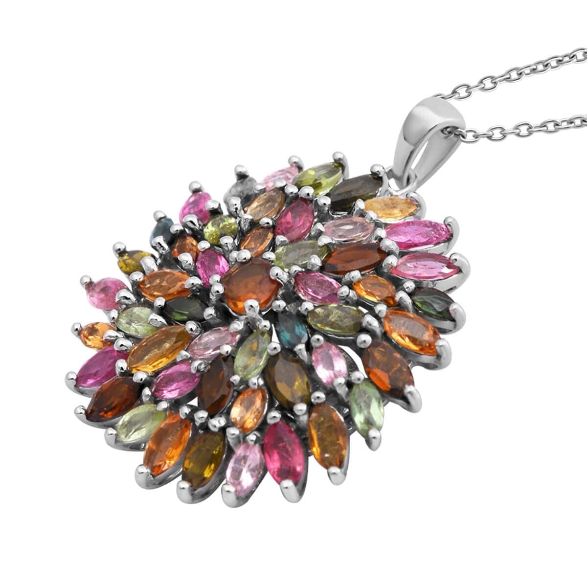 Multi-Tourmaline Floral Spray Pendant Necklace 18 Inches in Platinum Over Sterling Silver 5.50 ctw image number 2
