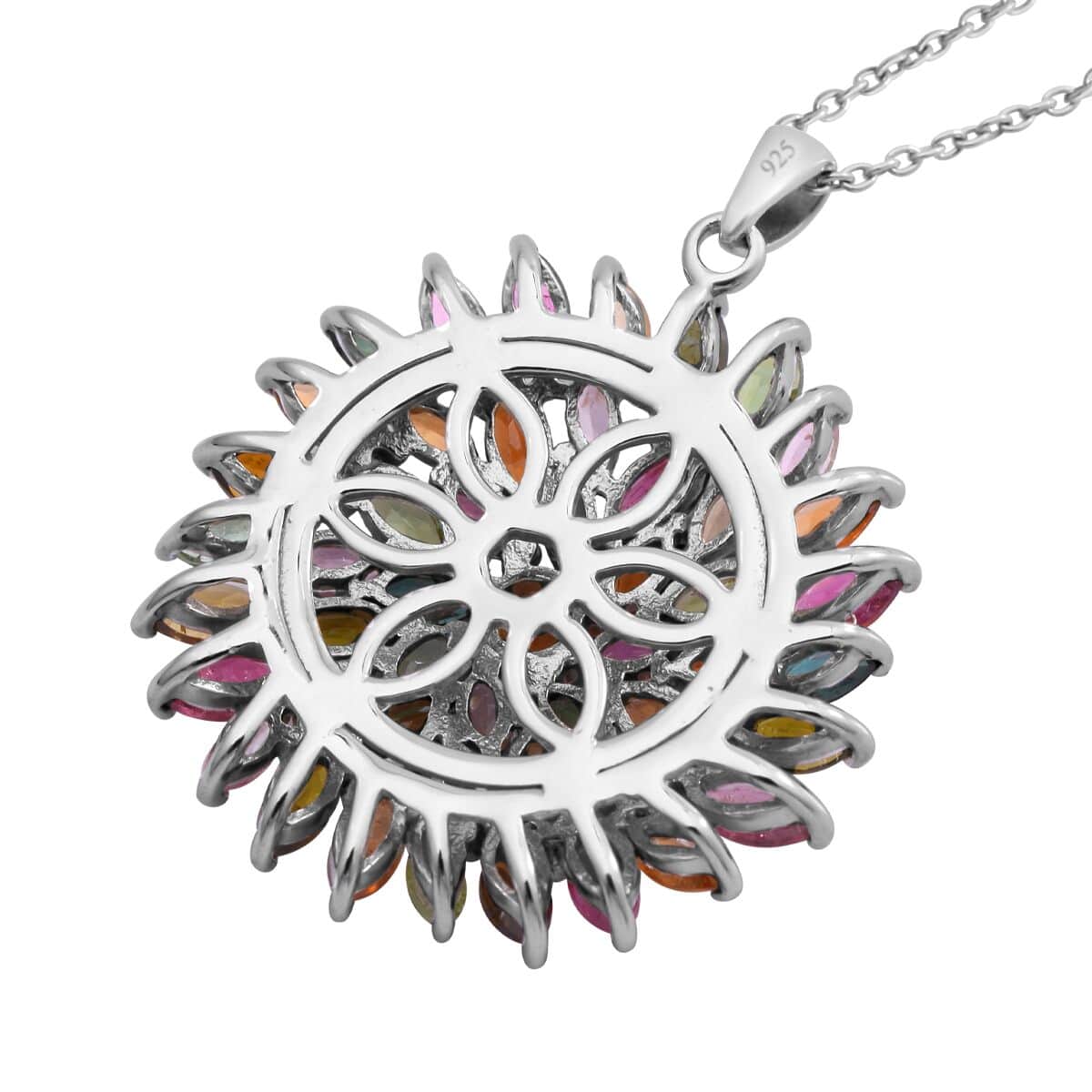 Multi-Tourmaline Floral Spray Pendant Necklace 18 Inches in Platinum Over Sterling Silver 5.50 ctw image number 3