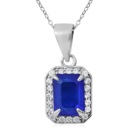 Tanzanian Blue Spinel (DF) and White Zircon Halo Pendant Necklace 18 Inches in Platinum Over Sterling Silver 2.00 ctw image number 0