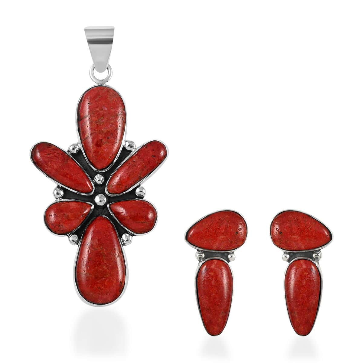 Santa Fe Style Coral Abstract Earrings and Pendant in Sterling Silver image number 0