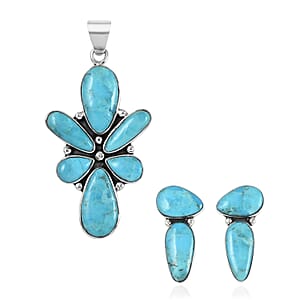 Santa Fe Style Kingman Turquoise Abstract Earrings and Pendant in Sterling Silver 22.50 ctw